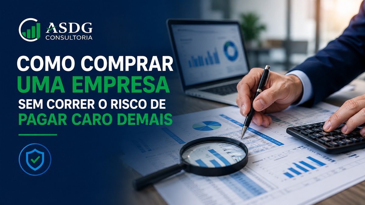Imagem corporativa sobre compra de empresas e valuation empresarial com análise financeira e negociação estratégica.
