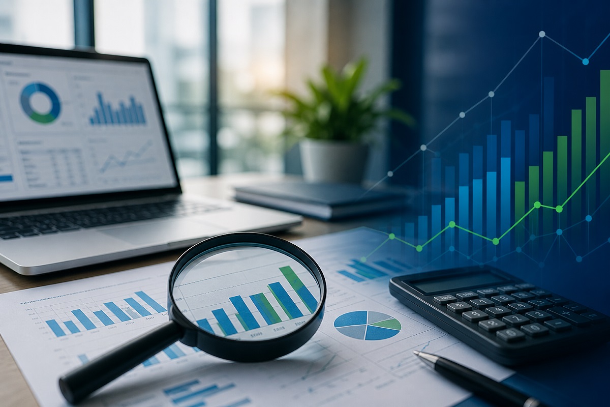 Profissional analisando relatórios financeiros com gráficos, calculadora e laptop em ambiente corporativo moderno