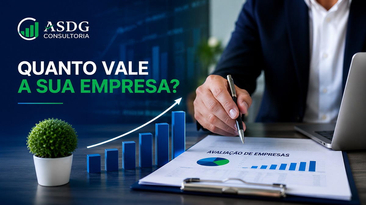 Imagem corporativa sobre valuation empresarial mostrando análise financeira e avaliação de empresas realizada pela ASDG Consultoria.