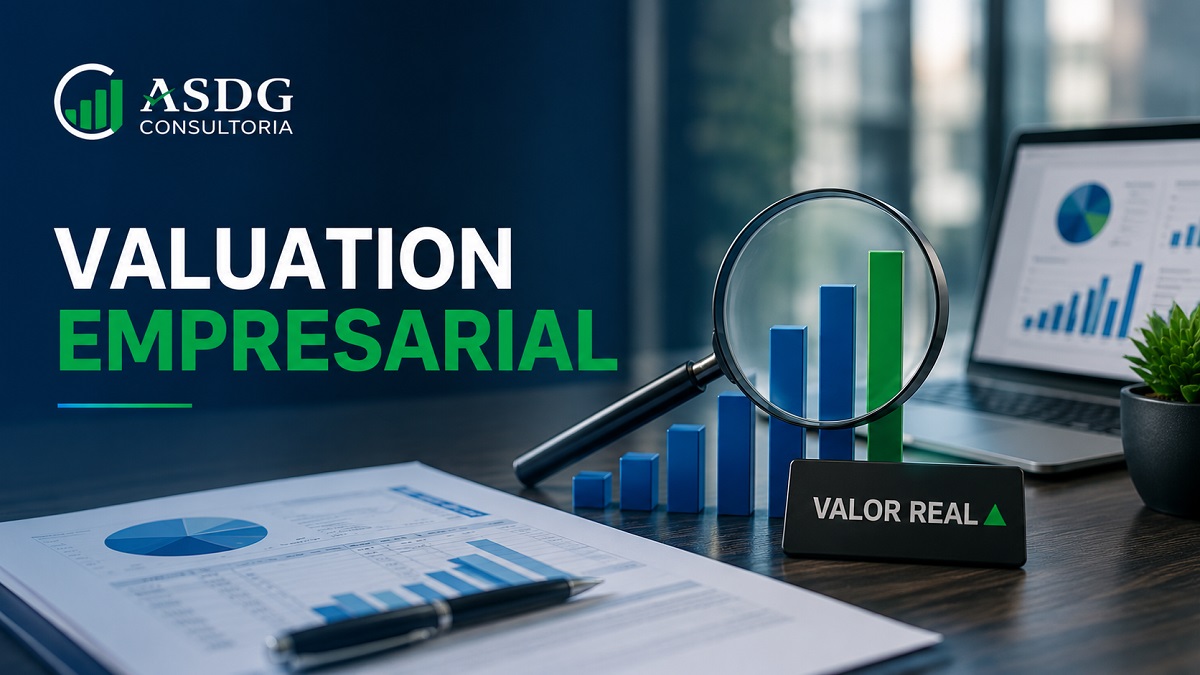 Imagem corporativa sobre valuation empresarial com gráficos financeiros, análise estratégica e avaliação de empresas.