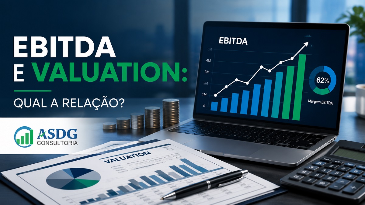 Gráfico financeiro de EBITDA e valuation em notebook corporativo representando a avaliação de empresas e geração de valor empresarial.