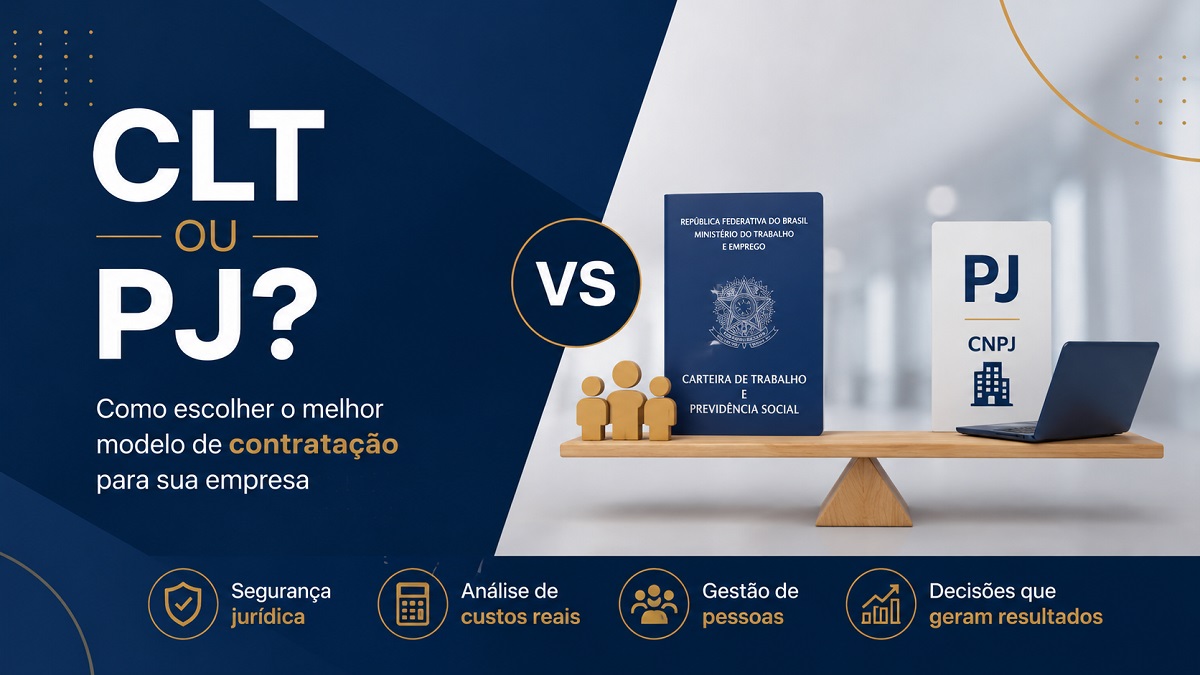 Comparação entre contratação CLT e PJ mostrando os principais fatores para empresários escolherem o modelo mais adequado para sua empresa.