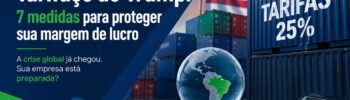 Empresário analisa gráficos financeiros diante do tarifaço dos Estados Unidos, com contêineres de exportação e referências ao impacto das tarifas sobre empresas brasileiras.
