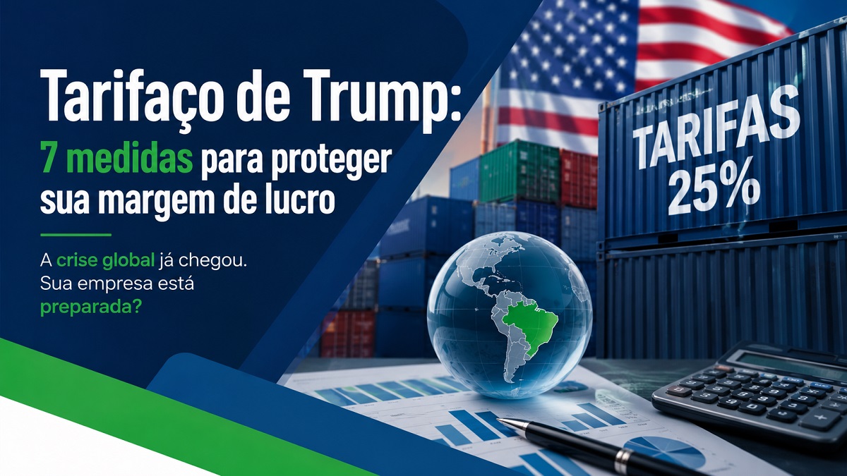 Empresário analisa gráficos financeiros diante do tarifaço dos Estados Unidos, com contêineres de exportação e referências ao impacto das tarifas sobre empresas brasileiras.