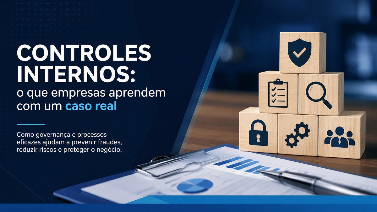 Ilustração sobre controles internos e governança corporativa mostrando documentos, indicadores e elementos de gestão que representam prevenção de fraudes, redução de riscos e proteção empresarial.