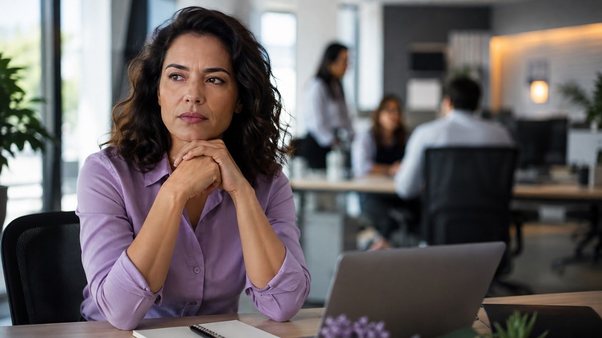 Mulher pensativa no ambiente de trabalho representando os impactos da violência contra a mulher nas empresas