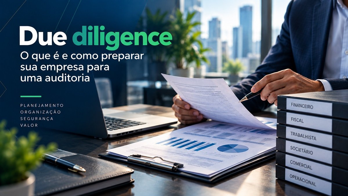 Due diligence empresarial com análise de documentos financeiros e preparação para auditoria