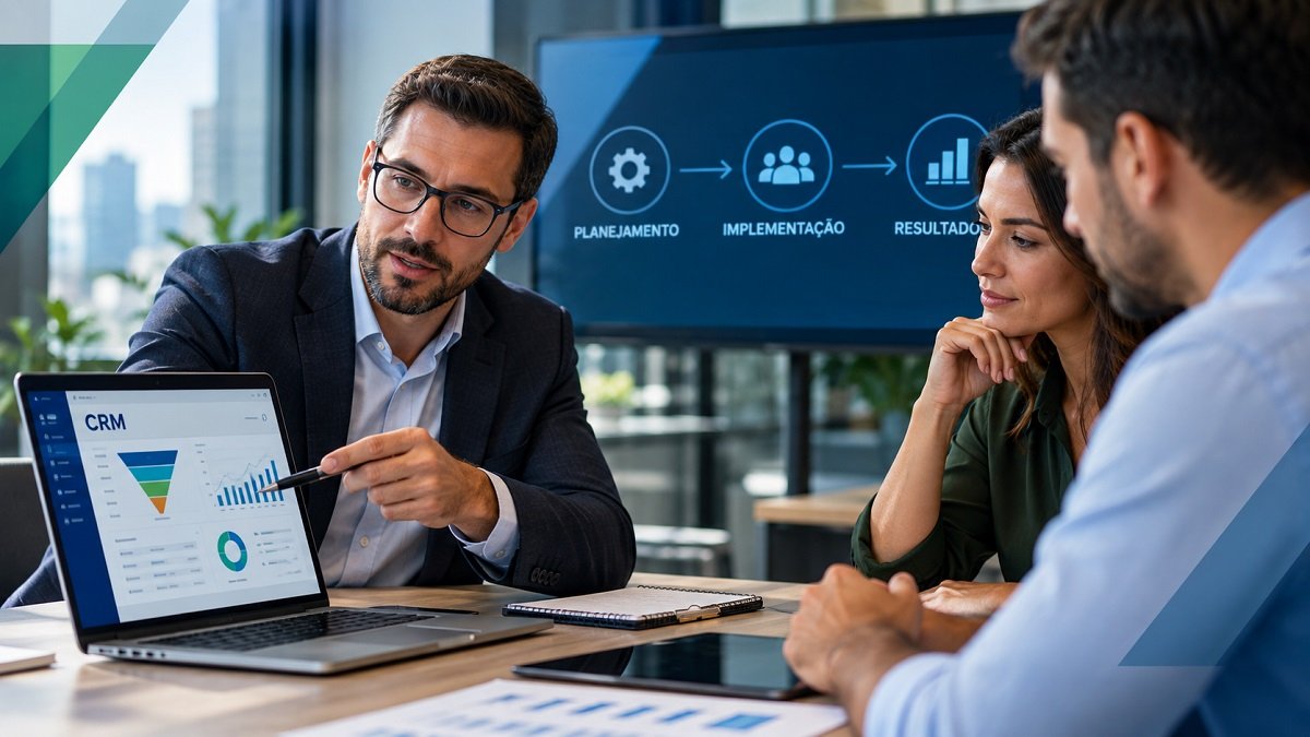 Consultor apresentando projeto de implementação de CRM para gestores de uma empresa