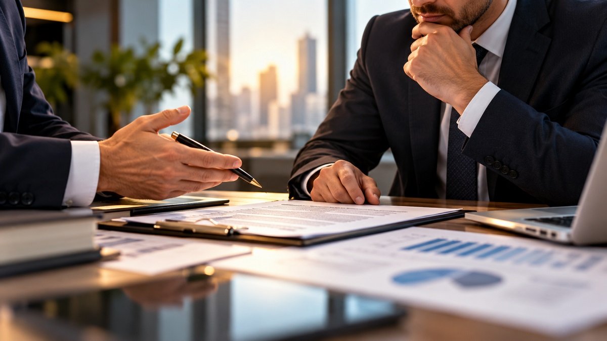 Executivos analisando uma proposta de compra de empresa, com documentos financeiros e gráficos durante uma reunião de negociação.
