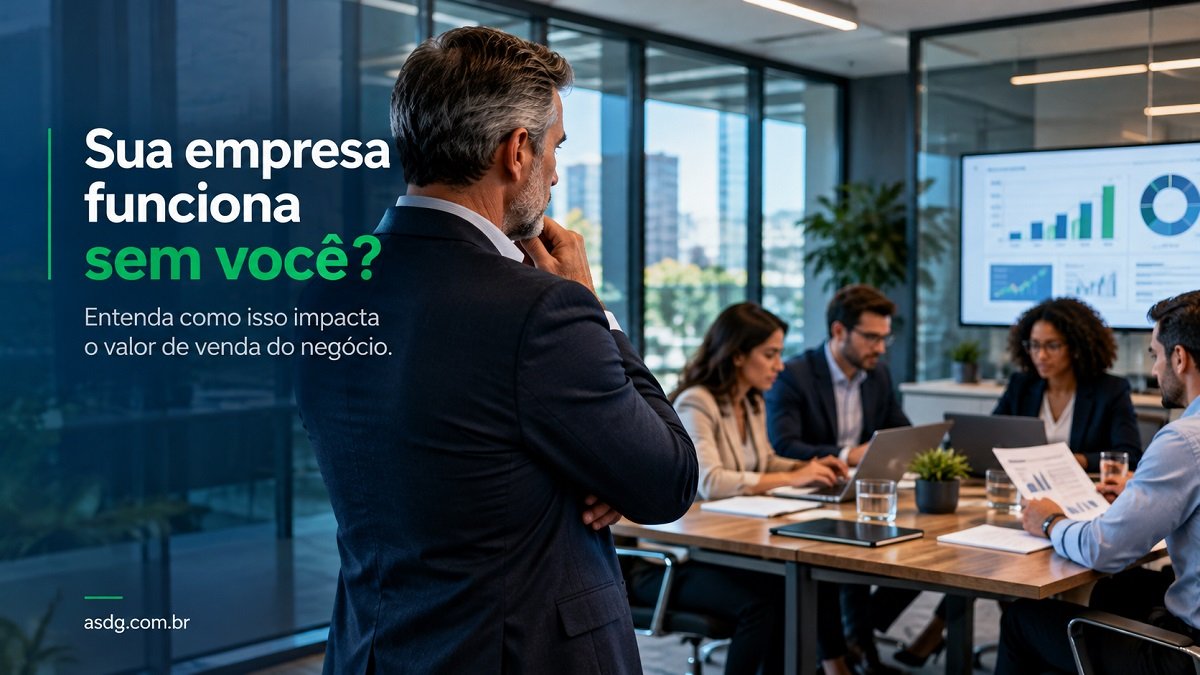 Empresário observa equipe trabalhando de forma autônoma, ilustrando como a dependência do dono pode afetar o valor de venda da empresa.
