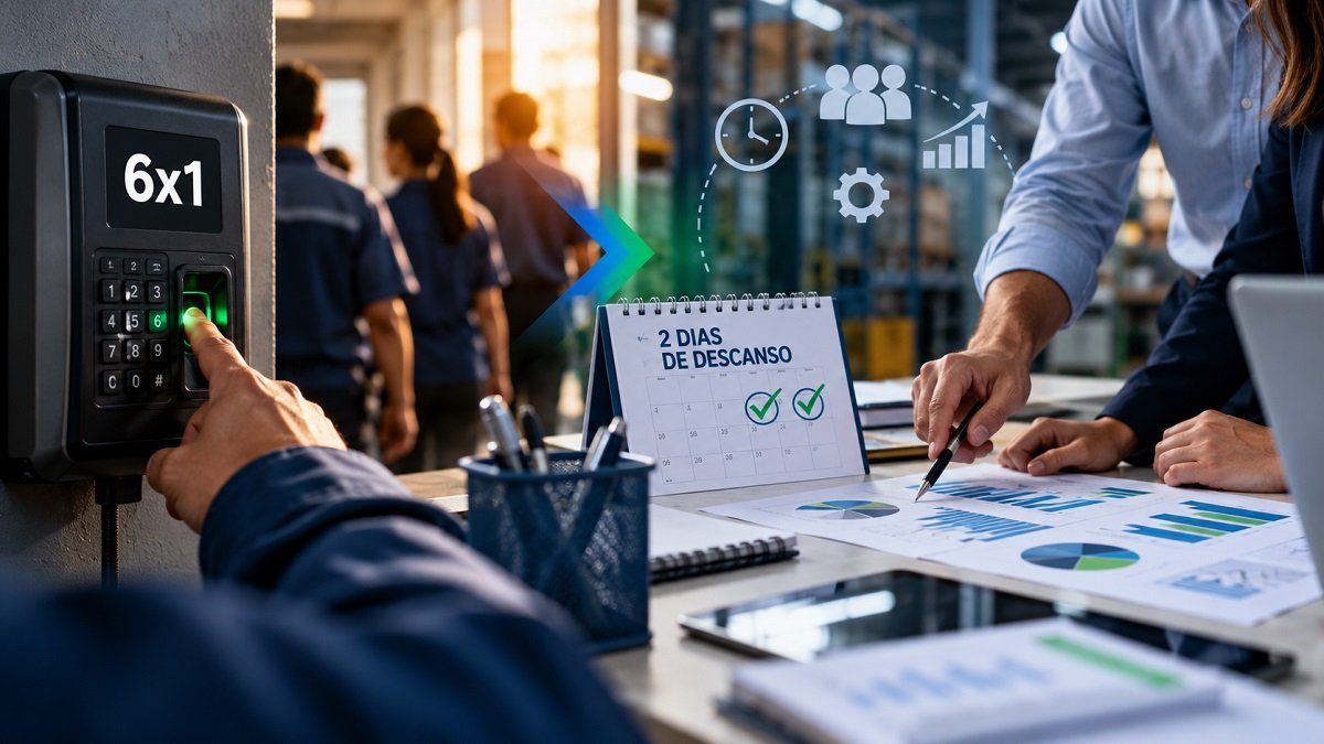 Fim da escala 6x1: trabalhador registra ponto enquanto gestores analisam custos, produtividade e planejamento da jornada de trabalho.
